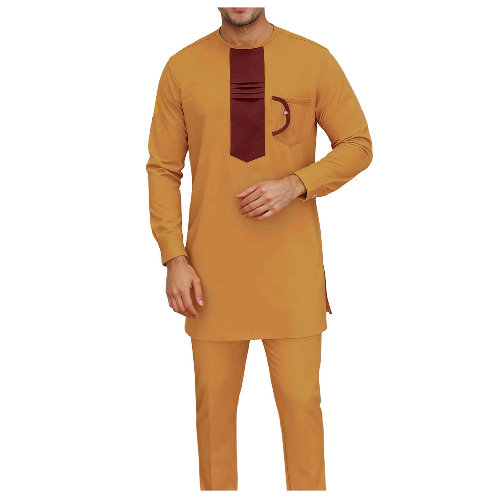 DASONLUE Long Sleeve Shirt and Trousers Outfit 2-Piece Set Traditional Dashiki for Men Slim Fit African Suit Wedding Evening Wear Ethnic Style Leisure Suit, orange, L