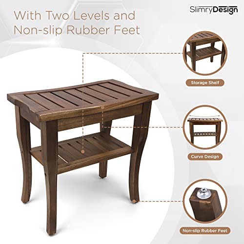 Slimry Design Teak Shower Bench - Solid And Water -Resistant Teak Bench With Storage Shelf Easy To Use Bath Stool With Non-Slip Pads -Assembly Required (Small) #TOP3