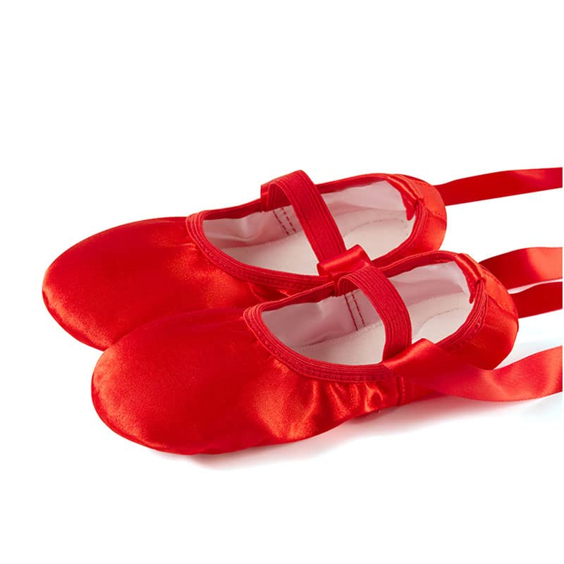 MSMAX Ballet Slippers Satin Dancing Yoga Flats with Ribbon for Girls Red 13.5 M US Little Kid3