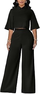acelyn 2 Piece Pant Sets for Women Dressy 3/4 Sleeve Lapel Neck Top Wide Leg Pantsuits Business Casual Outfits