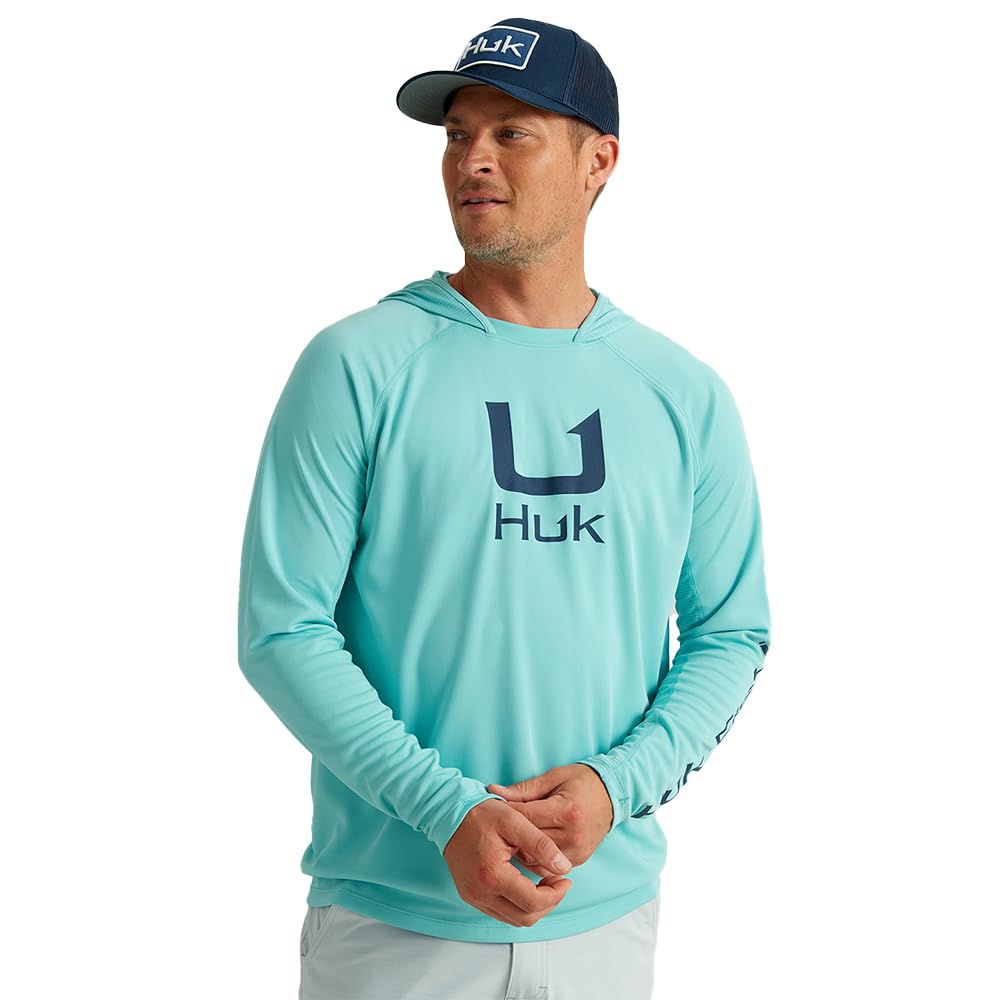 HUK Men's Icon X Hoodie, Fishing Shirt with Sun Protection, Marine Blue, Large