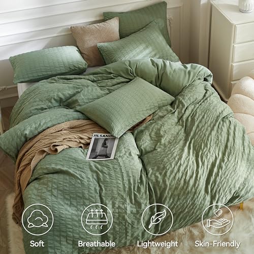 Image of JELLYMONI Seersucker Duvet Cover Set King, 3pcs Dark Green Polyester | In Spacious Master, Couples & Pets, Crinkled Texture, Oeko-Tex Certified, 8 Corner Ties & Hidden Zipper