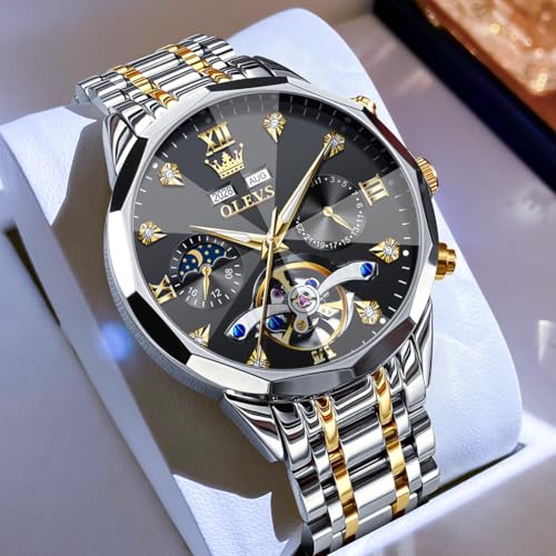 Image of OLEVS Automatic Men Watch Self Winding Mechanical Moon Phase Business Luxury Diamond Dress Stainless Steel Waterproof Luminous Mens Wrist Watch