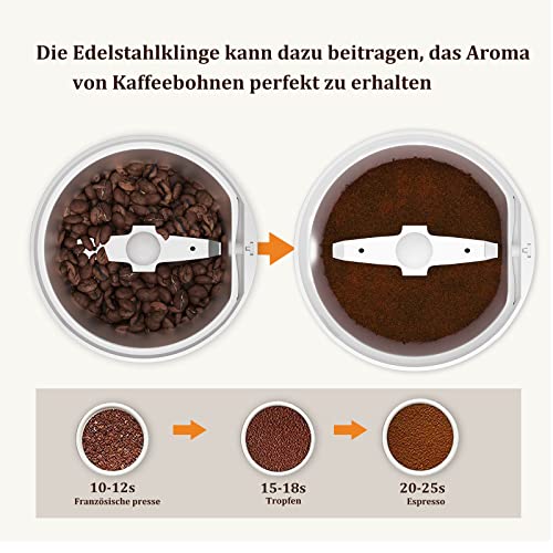 Scheffler Kaffeemühle 200W Elektrische Kaffeemühle für Bohnen, Nüsse und Getreidemühle mit 304 Edelstahlmesser 50g… – Bild 4