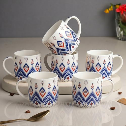 Image of UPC Coffee Mug Set of 6 | White Blue & Red Ikat Tribal Geometric Print | Boho Aztec Diamond Chevron Pattern | Tea & Coffee Cups | Microwave Safe | Home & Kitchen