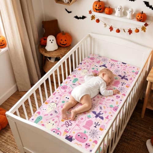 Image of JISEN Halloween Fitted Crib Sheets for Boys Girls 52x28 Inch Skeleton Pink