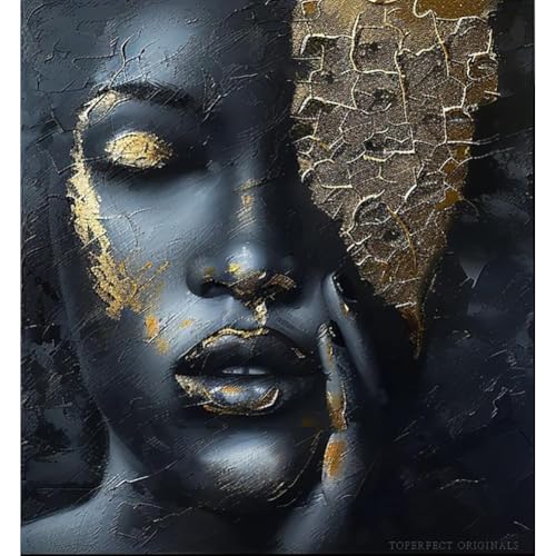 Pittura ritratto individuale con lamina d'oro di una donna nera, originale arte della tela africana in acrilico per la decorazione d'interni, ritratto individuale di afroamericani, F...