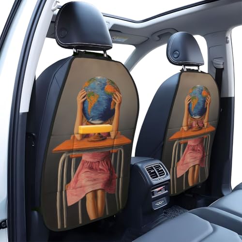 Young Girl Holding A World Globe Car Seat Back Kick Protectors,2 Pack Kick Mats With Storage Pockets For Vehicles To Protect From Dirt Mud Scratches