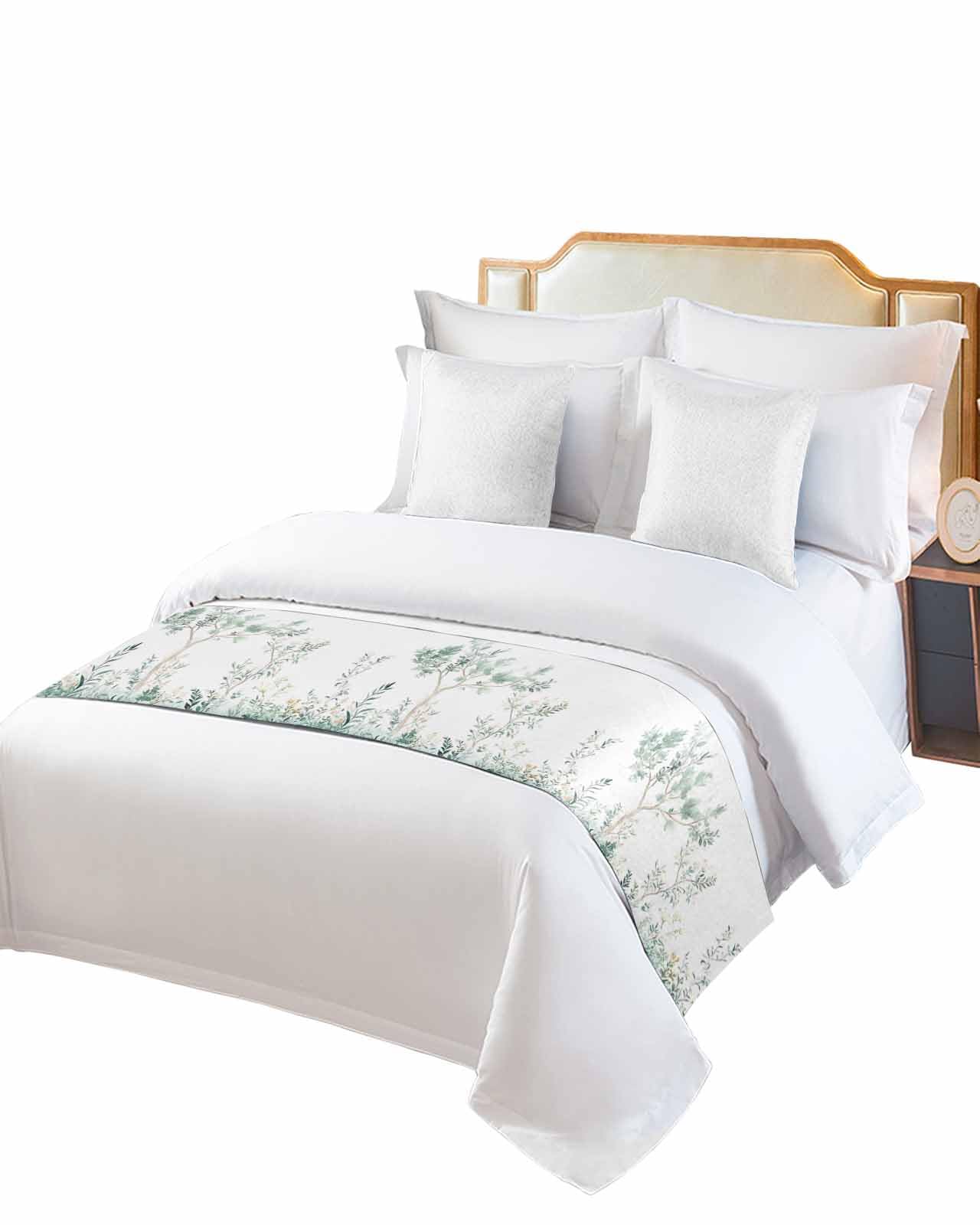 DecorLovee Green Eucalyptus Leaves Bed Runners for King Size Bed, Decorative Bed Throws for Foot of Bed, Green Tree Botanical Bed Runner Sofa Throw Bedding Scarf Protector Slipcover for Bedroom/Hotel