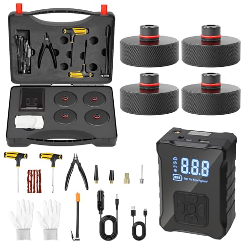 Image of Tire Inflator Kit for Tesla Portable Pump / 4 Jack Pads & Repair Tools | Compatible with Model Y /3 /S /X Wireless & Wired Digital Air Compressor Puncture Repair Set Rubber Lift Pucks 18PCS