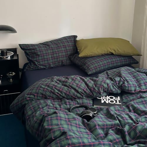 Image of EAVD Vintage Plaid Duvet Cover Full Pink Green Gingham Duvet Cover Set | Soft 100% Washed Cotton 3-Piece Reversible Plaid Bedding Set 1 Duvet Cover with 2 Pillowcases Zipper Closure Corner Ties