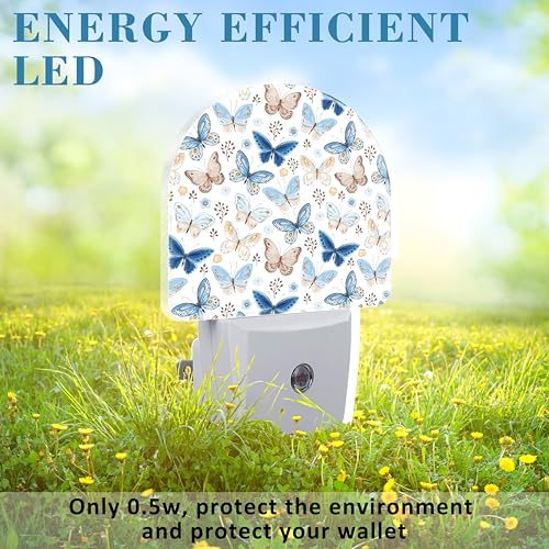 Image of Plug in Night Lights Vintage Blue and Brown Butterflies Nightlight Plug Into Wall Dusk to Dawn Sensor LED Night Light for Kid Girls Boys Room Decor,Hallway,Kitchen,Bathroom,Nursery,Stairs