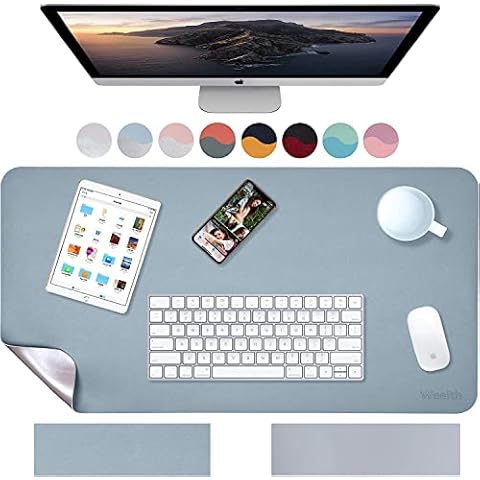 Weelth Multifunctional Office Desk Pad, 35.4" x 17" Waterproof Desk Pad Protector PU Leather Dual-Sided Desk Writing Pad for Office/Home (Light Blue/Sliver, 35.4" x 17") Cover