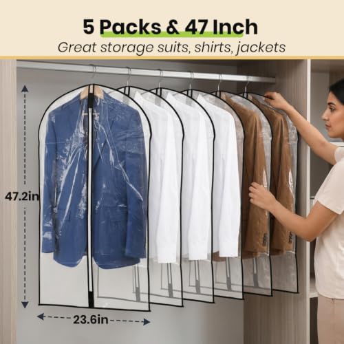 Image of HASTHIP 5 Pack Clear Garment Bags Cloth Covers for Closet Storage | High transparency hanging garment bags, with dustproof small air holes for closet clothes storage wardrobe organization