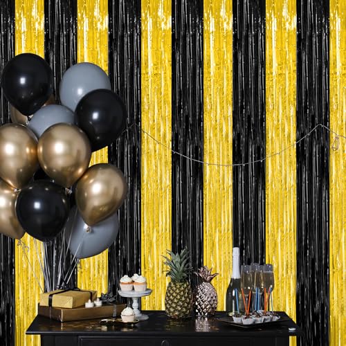 Image of ZATAYE 2 Pack Black Gold New Years Eve Foil Curtain Streamer Decorations | Black Gold, Metallic Foil, 3.28 x 7.05 FT, Tinsel Backdrop, Foil Curtain Streamer, New Years Eve Party