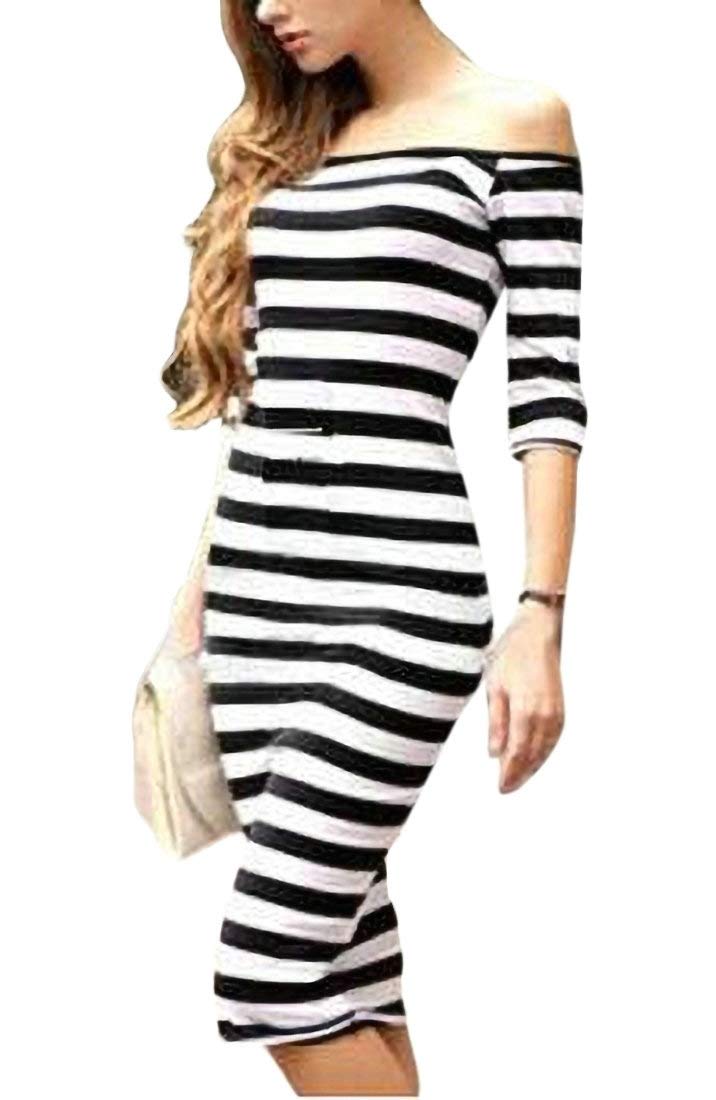 Frieed Women Vogue Off The Shoulder Bodycon Mid Length Stripe Dresses