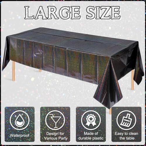 Image of 6 Pack Iridescent Black Plastic Tablecloths, Shiny Disposable Laser Rectangle Table Covers, Holographic Foil Tablecloth for Halloween Birthday Space Graduation Black Themed Party, 54x108Inch