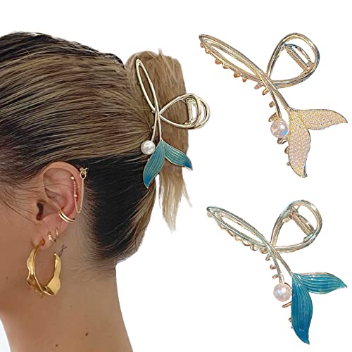 Hair Claw Clips For Women Mermaid Pearl 2Pcs Large Non-Slip Strong Metal Hair Clips Blue Hold Hair Jaw Clips Acetate Hair Claws Big Fish Occean Clips Cute Hair Clips Headwear Gifts #TOP6