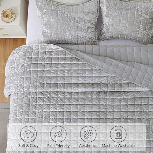 BEDELITE Velvet Quilt Set Queen Size - Luxury Velvet Comforter Bedding Set 3 Pieces, Soft Cozy Light Grey Oversized Bedspread Coverlet for All Seasons with 2 Pillow Shams