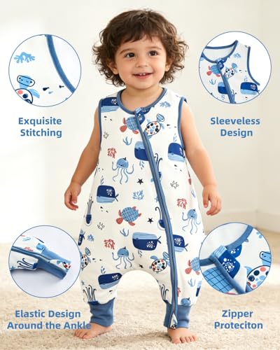 Miniatura 2 de Jiamy Saco De Dormir Para Bebé Con Pies De Verano 1,0 Tog Paquete De 2 Algodón Manta Envolvente Para Dormir Cremalleras Súper Transpirable Para Niñas Niños Mar Azul 2-3 Años