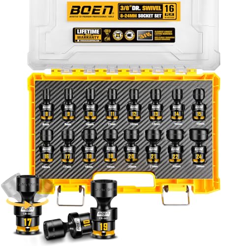 BOEN Pro 3/8 Inch Drive Impact Swivel Socket set, 16-Pieces 8-24mm, 6-Point Shallow Metric Universal Wobbly Sockets