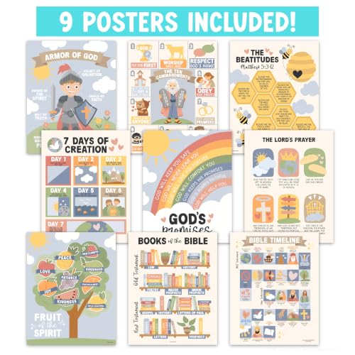 Hadley Designs Sunday School Decorations for Classroom –9 Bible Posters for Kids, Books of the Bible, 10 Commandments, Bible Timeline Chart, Fruits of the Spirit, Boho Christian Classroom Decor — view 3