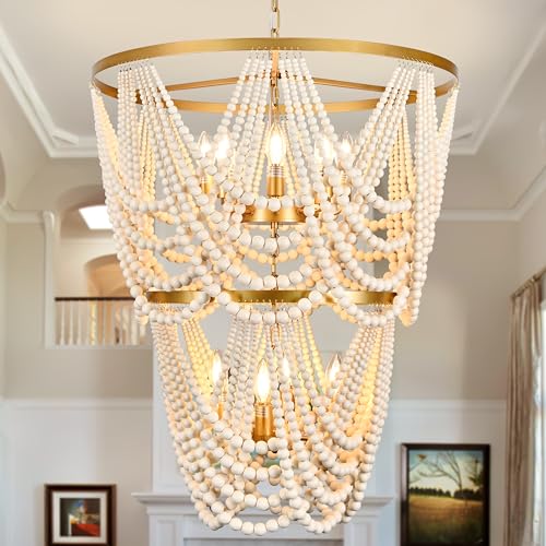 AyshwillDec 12-Light 25.6" Boho Wood Beaded Chandelier for Living Room, H88 Adjustable 2-Tier Gold Large Boho Chandelier for Entryway, Dimmable Coastal Chandeliers for Bedroom Foyer Staircase