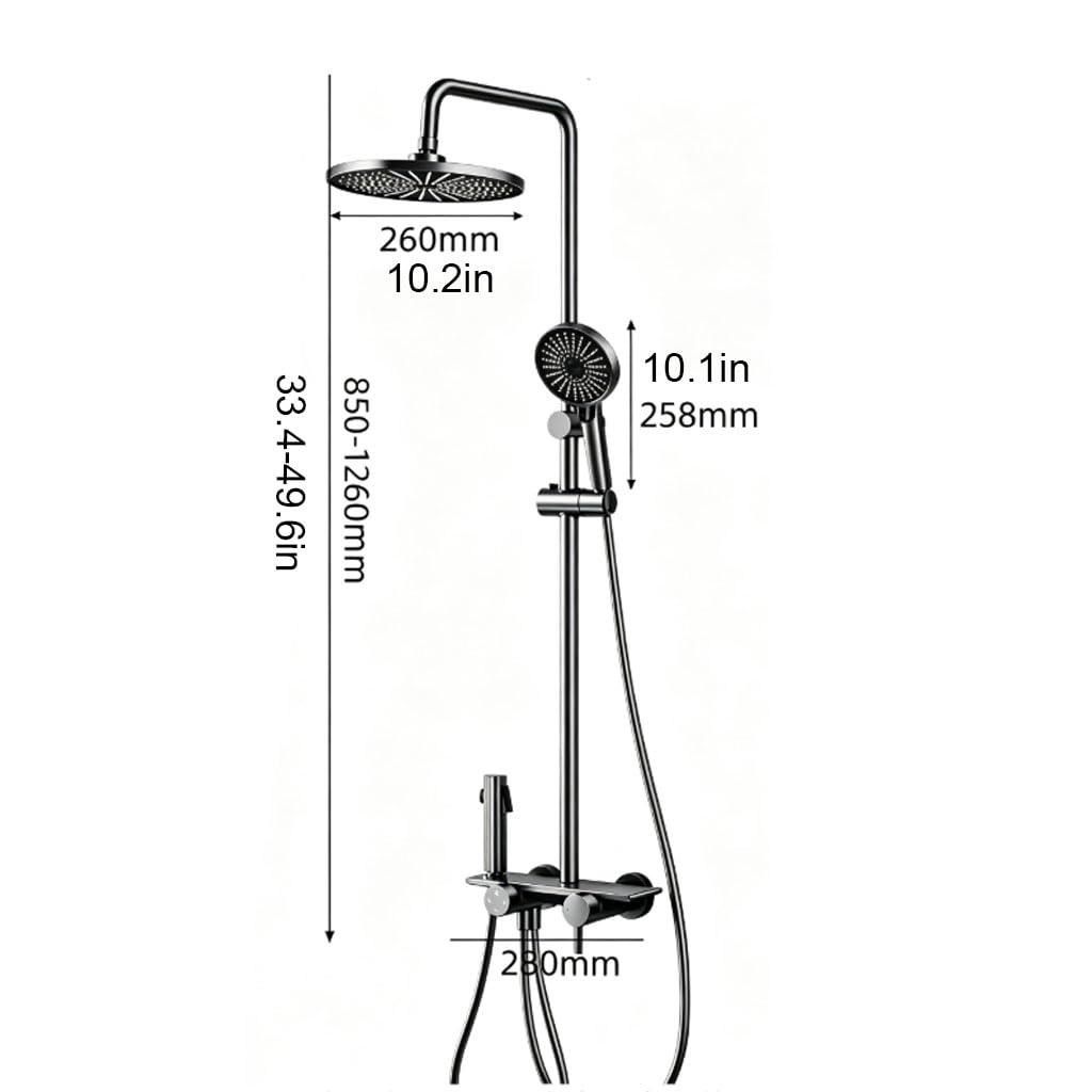 Saliscendi Doccia Grigio Metallizzato Rubinetto a Parete Bagno | Saliscendi doccia a parete,soffione rotondo 260mm,4 uscite acqua,ripiano integrato,asta regolabile