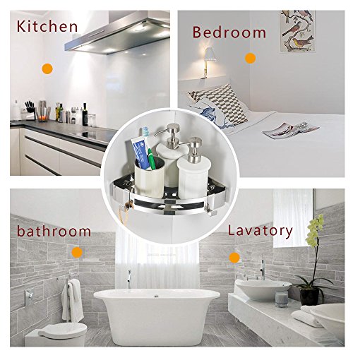 Besy Adhesive Bathroom Shower Corner Shelf Shower Corner Caddy With 2 Hooks Stainless Steel, Drill Free With Glue Or Wall Mount With Screws,No Damage 1 Tier Shower Shelves Triangle, Polished Chrome #TOP5