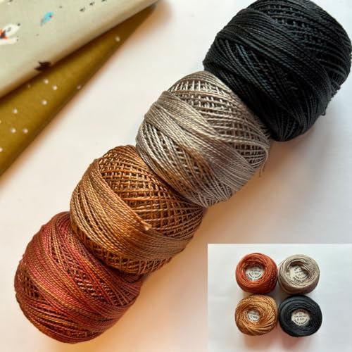 Image of Valdani Hand Dyed Perle Cotton Thread Bundle - Size 12, Colorfast Quilting & Embroidery Thread, 4 Neutral Autumn Shades, 109 Yards Each, Ideal for Applique, Punch Needle & Stitching