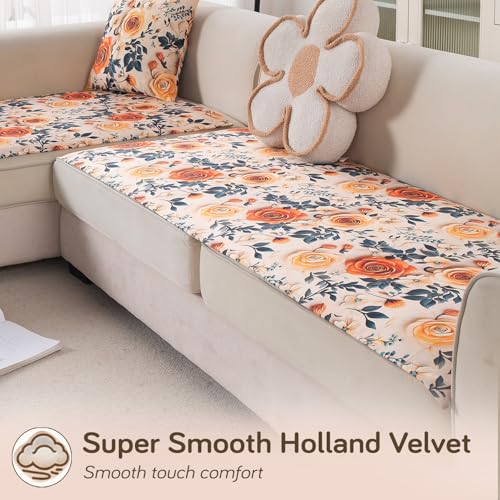 Image of HOKIPO 'Nature Muse' Premium HD Printed Holland Velvet L Shape (3+2 Seater) Sofa Cover Seat Mat, Caramel Ambrosia (IN-916-D8 + IN-918-D8)