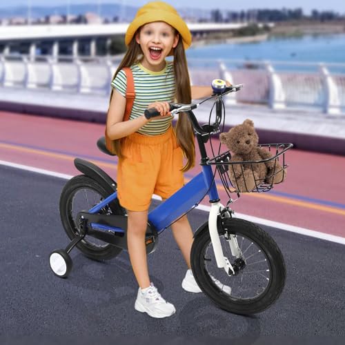 MINRS 14 Zoll Kinderfahrrad Kids Bicycle für Jungen Mädchen Kinder für Kinder Ab 3-7 Jahren Kinder Fahrräder Höhenverstellbar Fahrrad mit Korb Stützrädern Blau – Bild 7
