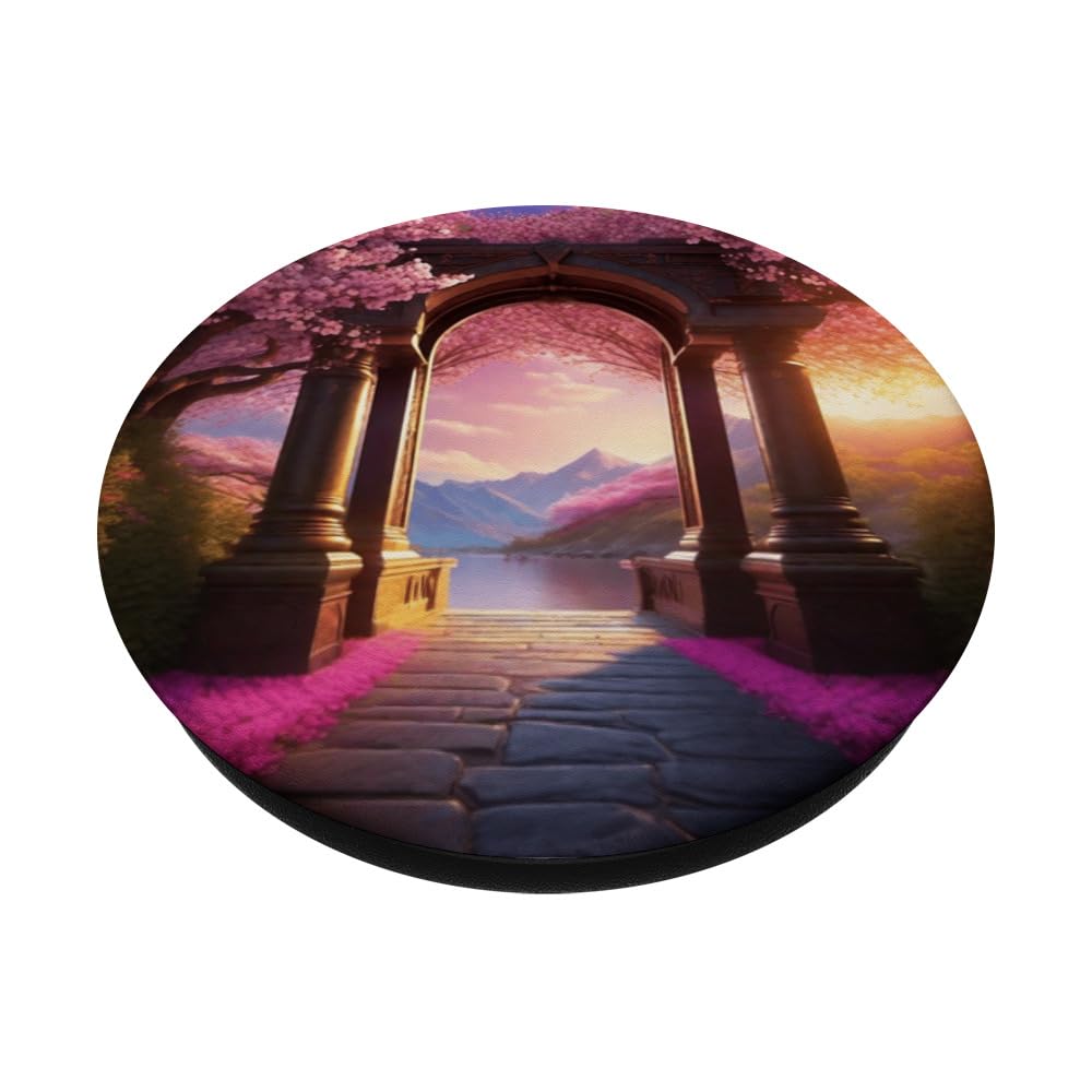 Cherry Blossoms Mystical Stone Arch Magical Fantasy Design PopSockets Swappable PopGrip, Black - Image 2