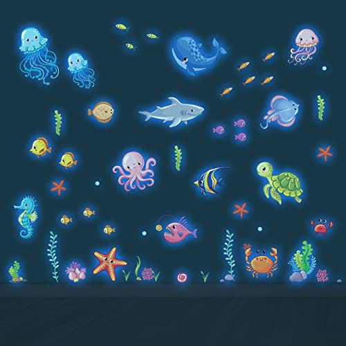 Image of Glow in The Dark Cute Ocean Wall Decals, Under The Sea Life Fish Animals Stickers for Nursery, Removable Living Room Bedroom Bathroom Decoration
