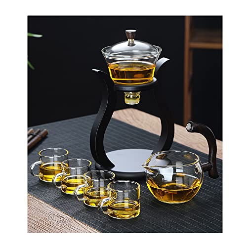 Shangji Kungfu Glass Tea Set Magnetic Water Diversion Rotating Cover Bowl Semi-Automatic Glass Teapot Suit (6 Tea Cups) (Wood) #TOP1