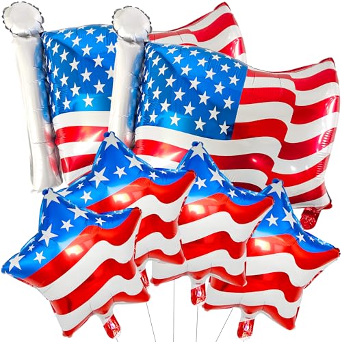 6PCS Patriotic Balloon Set - American Flag & Star Foil Balloons - Red White Blue USA Mylar Balloons for 4th of July Decorations Independence Day Memorial Day Veterans Day Military Homecoming