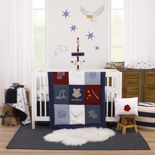 Image of Warner Brothers Harry Potter Welcome Little Wizard Navy, Burgundy, Denim Blue and White, Appliqued 3 Piece Crib Bedding Set - Comforter, Fitted Crib Sheet, and Crib Skirt