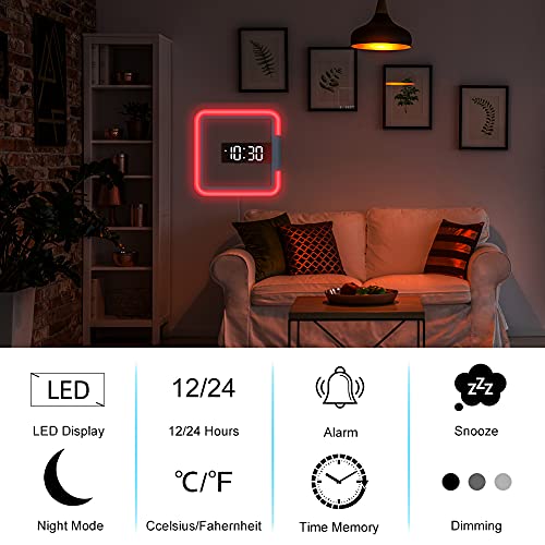 Lybile Led Mirror Remote Control Digital Wall Clock, Usb Powered Digital Alarm Clock With Snooze, Temperature And 12/24H Display, 11'' 7 Color Square Hollow Rgb Light For Home, Bedroom, Office #TOP2
