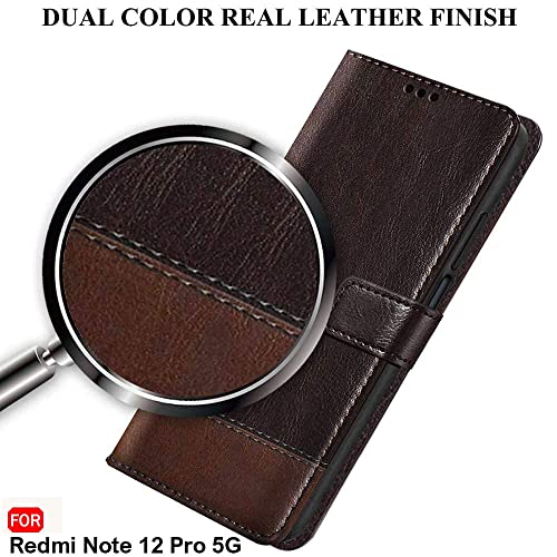 Image of TheGiftKart Flip Back Cover Case for Mi Redmi Note 12 PRO 5G | Dual-Color Leather Finish | Inbuilt Stand & Pockets | Wallet Style Flip Back Case Cover for Mi Redmi Note 12 PRO 5G (Coffee & Brown)