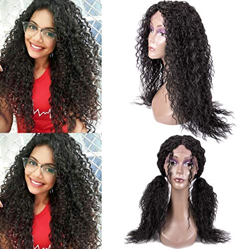 Hairphocas Synthetic Black Lace front Wigs Kinky Curly Middle Part Frontal Replacement Wigs for Women 24inch