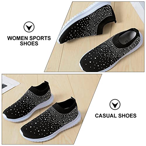 Holibanna Rhinestone Slip On Sneakers Breathable Sock Shoes Mesh Walking Running Sports Shoes Black #TOP5