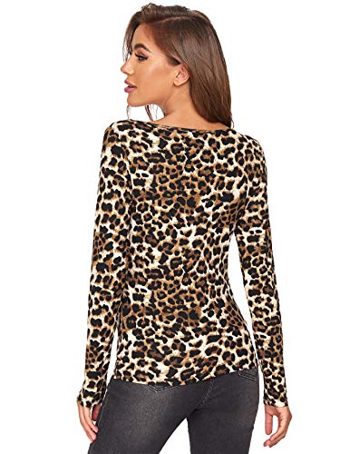 Verdusa Women's Long Sleeve V Neck Fitted Leopard Cheetah Tops4