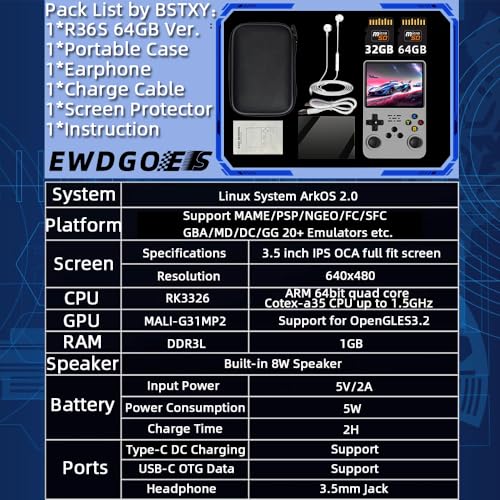 Image of EWDGOES R36S Handheld Game Console 3.5 inch Preinstalled Emulator System Gray 32GB+64GB, Grey