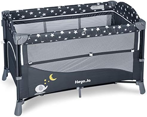 Heyo.Ja Portable Baby Playard, 4 in 1 Convertible Pack and Play with Bassinet, Nursery Center with Comfortable Mattress, 5 Height Adjustable Bedside Crib (Grey)