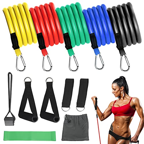 LOPOTIN 11pcs Juego de Cuerdas para Tirar de Fitness, Bandas Elasticas Musculacion, Set de Resistencia Tubo Látex, Bandas Ejercicio, Bandas Fitness para Yoga para Crossfit Culturismo Gimnasio en Casa