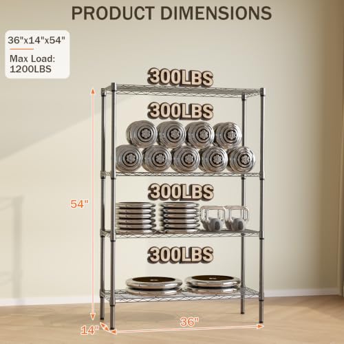 Image of GarveeTech Heavy Duty Garage Shelving Unit, 36 in L x 14 in D x 54 in H, Adjustable Wire Shelving Unit, 1200 LBS Load Capacity, 4-Tier Durable Metal Shelves for Garage, Pantry, Basement, Workshop