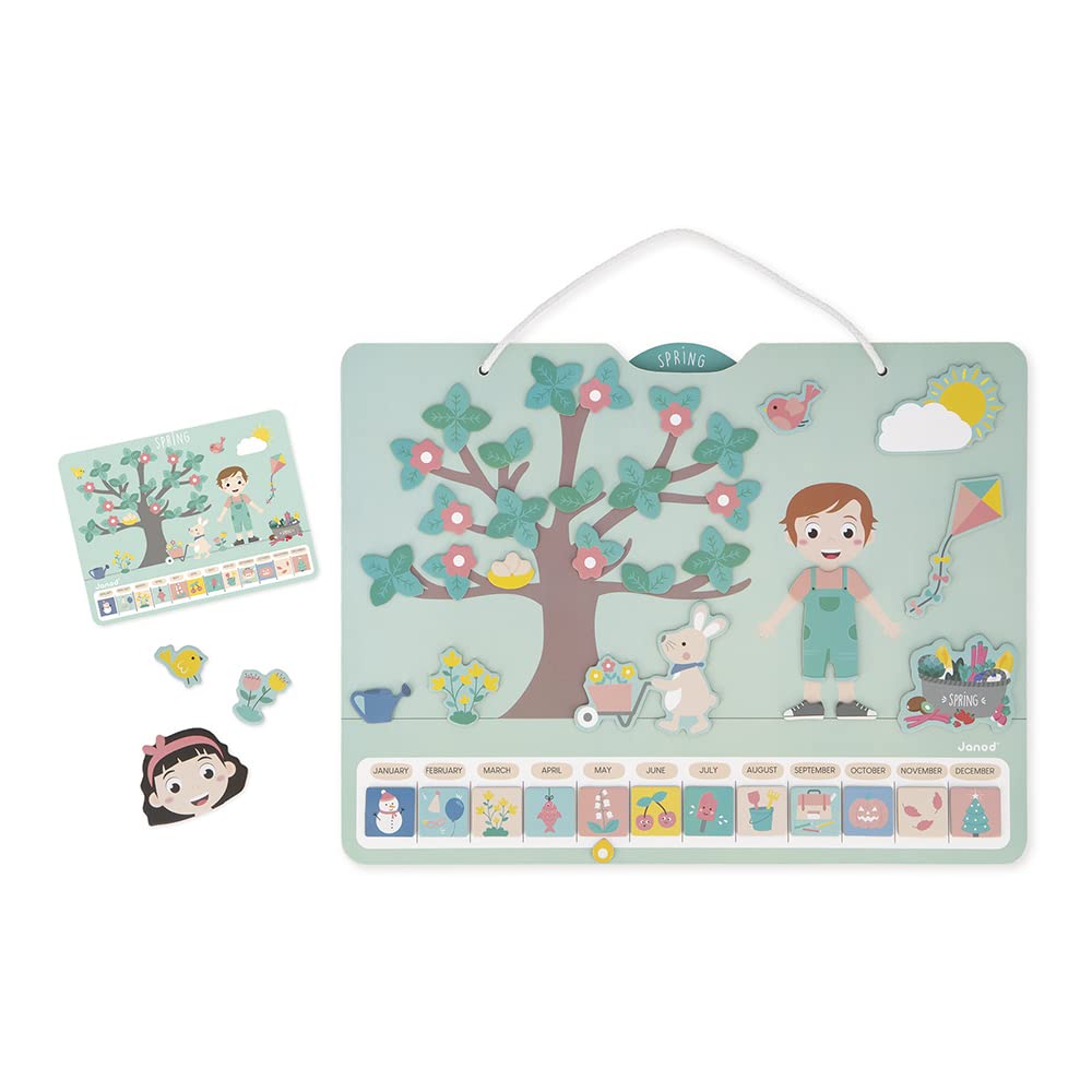 Janod - Calendario delle Stagioni - Calendario Educativo in Legno per Bambini 42 x 32 cm - Magnetico - 125 Magneti - Tempo e Stagioni - Versione Inglese - Dai 3 Anni, J5464