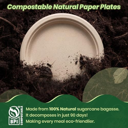 Image of 6 Inch Disposable Paper Plates 50 Pack, Heavy Duty Bagasse Plate | Eco Friendly Bagasse Plates with Strong Durability, Leak Resistance, Microwave Safety for Desserts,Meals,Parties,Picnics