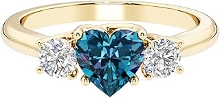 14K Solid Gold Heart Lab Grown Alexandrite and Diamond Three Stone Trellis Engagement Ring for Women, June Birthstone, Color Change Gemstone, Wedding, Anniversary, Birthday Gift w/Jewelry Box Sz 4-10