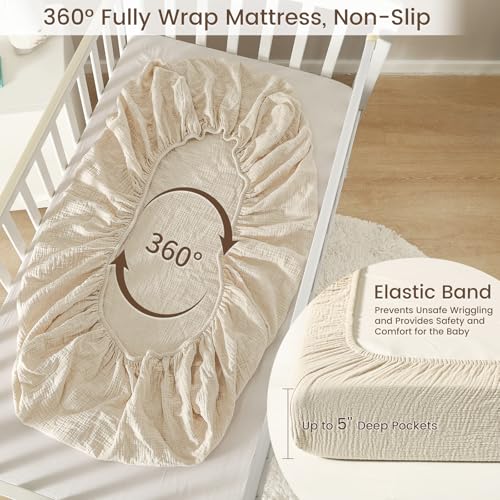 Image of david's kids Muslin Mini Crib Sheets, 2 Pack Cotton Pack N Play Sheets for Boys Girls Neutral, Soft Breathable Baby Sheets Fit Pack N Play, Playard and Mini Crib Mattresses, Oat Milk & Sage Green